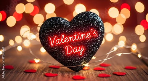 Glitter Heart Luminary: Black sparkling heart with red neon Valentine's Day text on rustic wood, warm fairy lights bokeh, cozy evening date, romantic atmosphere and love concept