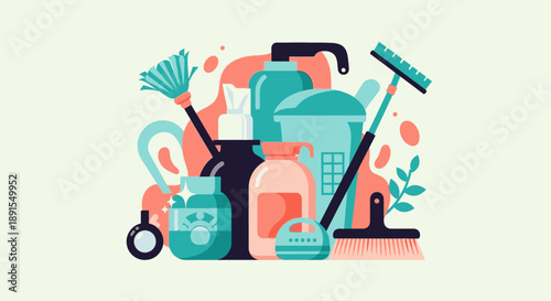 Cleaning supplies and equipment arranged neatly on a surface, showcasing various tools and products for household chores and organization.