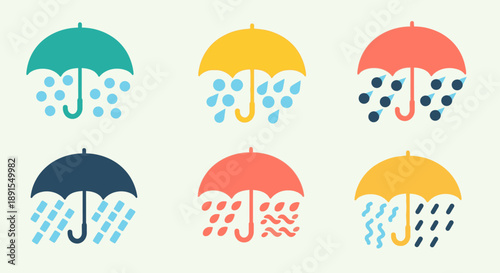 Set of colorful umbrellas with rain, umbrella icons collection