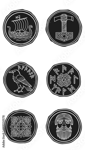 Viking Symbols: Ship, Hammer, Raven, Runes, Knotwork, Bearded Man Icons