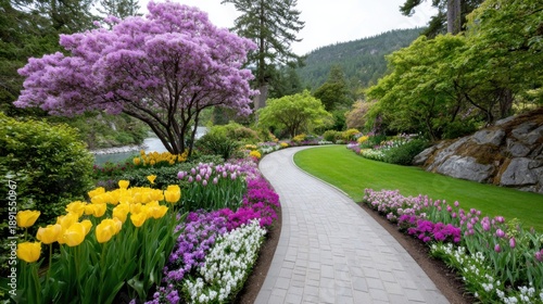 high angle view of the Sunken Garden at The Butchart Gardens in Victoria Canada, explosion of colorful spring flowers, rhododendrons and tulips