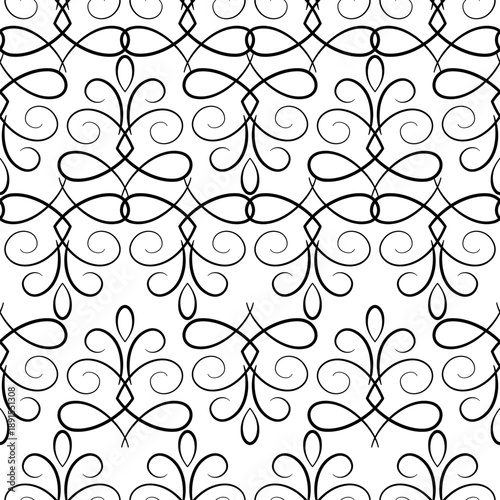 Seamless pattern of refine curls. Monochrome vintage style lacy ornament. Black elements on white background. Ornamental filigree background