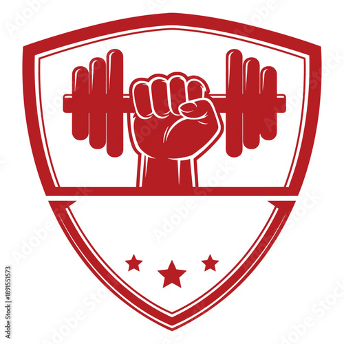 Strong fitness emblem with dumbbells and stars