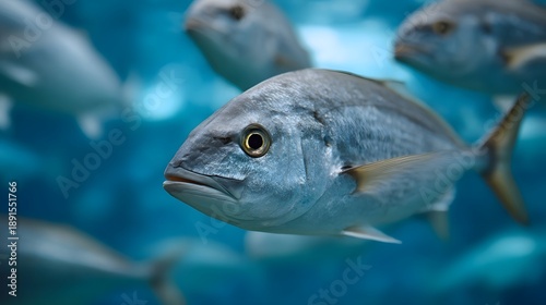 A detailed close up captures a school of marine fish swimming gracefully in clear blue ocean water showcasing their scales and fins