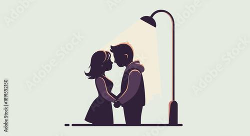 Couple embracing under the warm glow of a street lamp at night, illustration of tender moment, vector art concept SR_60053c23-1366-45a4-a57a-e1681aa2b04b.eps
