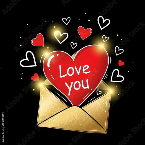 Golden Love Mail: Red heart popping out of a sparkling gold envelope with hand drawn doodles, magical light rays, romantic surprise delivery, happy valentine and secret admirer concept