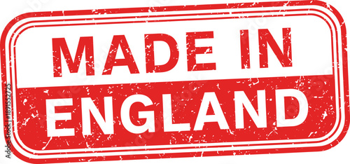 Red grunge textured rubber stamp with Made in England text in a rounded rectangle frame for product manufacturing and origin verification