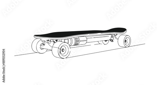 Electric skateboard with motor and wheels on a flat surface side view black deck Ai Generated