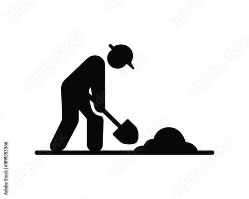 A silhouette of a man digging a hole with a shovel in a simple graphic illustration.