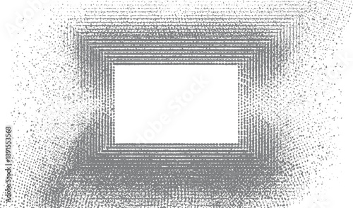 Concentric square frames composed of grey dots and lines fading outwards on white background abstract