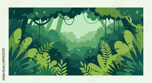 Dense jungle illustration with lush greenery, foliage, and vines from a ground-level viewpoint