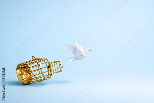 White Origami Bird Flying Out of Open Golden Cage
