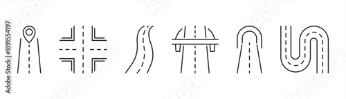 modern road and navigation thin line icon set. contain minimal route, highway, intersection, bridge, curve, and direction symbol for maps, travel, GPS, and journey design. vector illustration