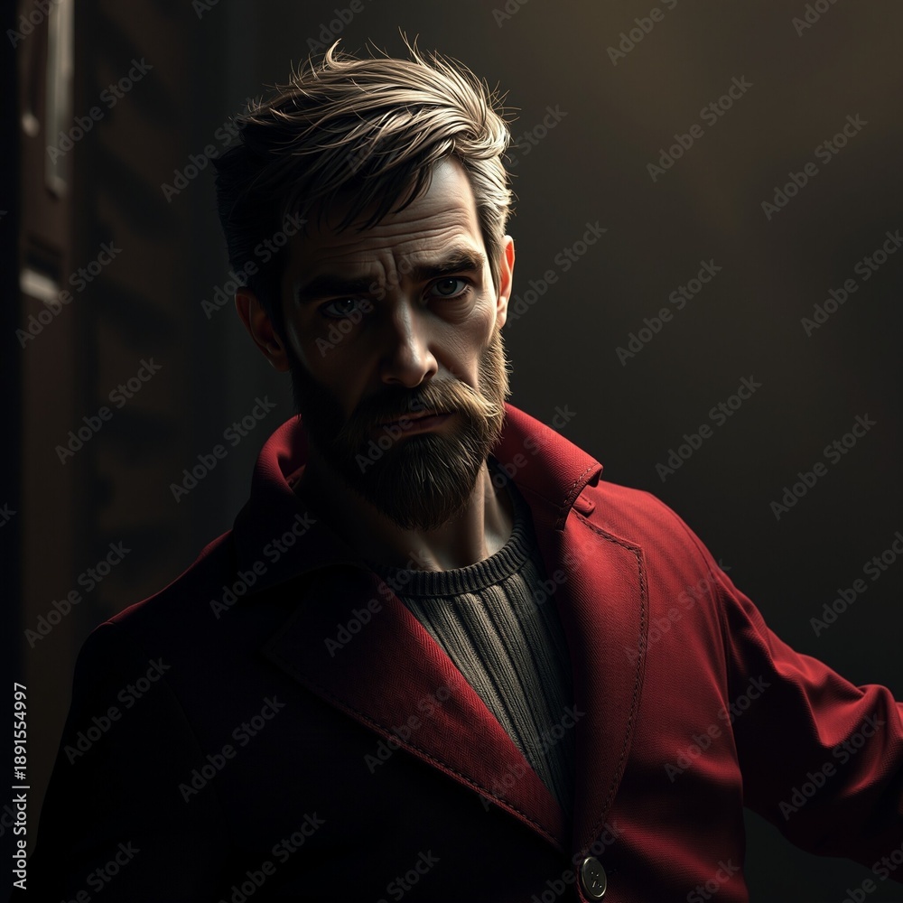 Fototapeta premium Serious man in red coat under dramatic lighting with dark background