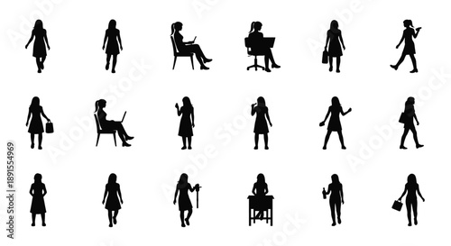 Collection of silhouette images of women in various poses and activities