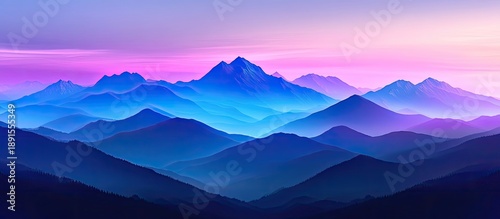 Ethereal Layered Mountains in Gradient Blue and Purple Hues Under Serene Twilight Sky
