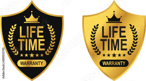 Shield-shaped lifetime warranty label design. Isolated vector in flat style. For icons, logos, emblems, seals, tags, signs, symbols, badges, stamps, stickers, emblems, and banners.