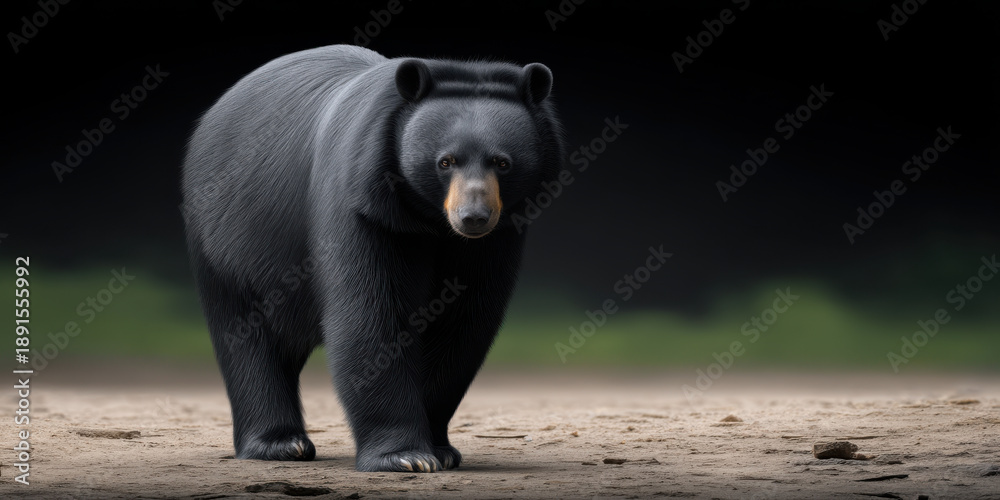 Naklejka premium Asiatic black bear moon bear wild animal forest standing fur mammal nature alert powerful. Asiatic black bear with thick fur stands forest ground