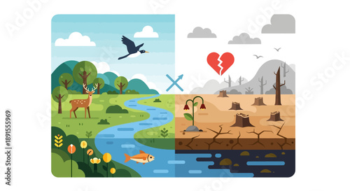 Environmental Transition: A split illustration depicts the contrasting states of a flourishing ecosystem and the devastating impacts of environmental degradation.
