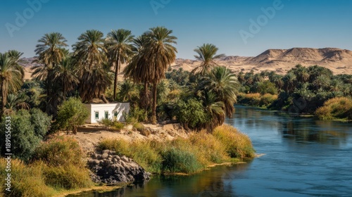 Serene riverside oasis with palm trees and desert landscape.