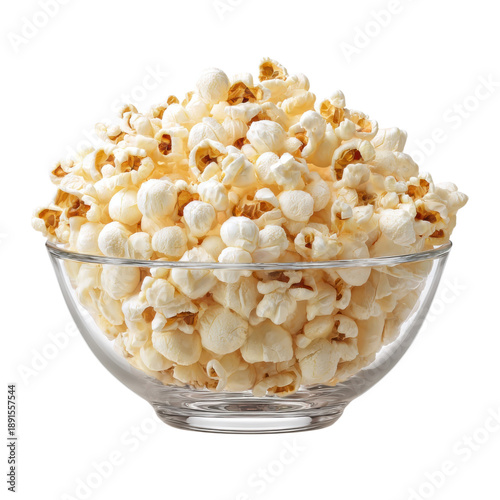A clear glass bowl filled with popcorn