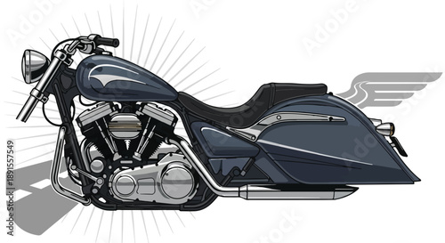 Dark purple motorcycle with chrome accents and black seat on white background with grey wing and sunburst Ai Generated