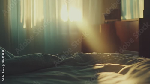 Empty bed featuring soft, unmade linens with warm morning sunlight illuminating the comfortable bedroom space, creating a serene and inviting atmosphere
