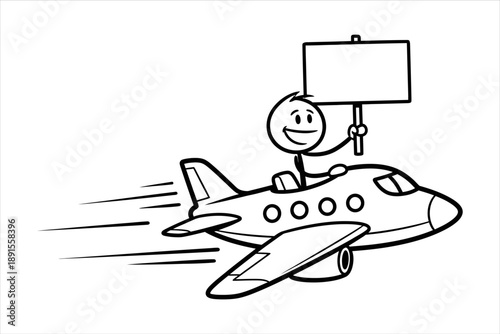 Whimsical illustration of a stick figure pilot soaring on a jet with a blank placard