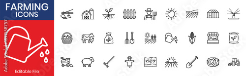 Farming Agriculture Harvest And Rural Elements Thin Line Icon Set
