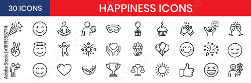 Happiness Positive Emotions And Celebration Signs Thin Line Icon Set