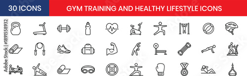 Fitness Gym Workout Equipment And Sport Gear Thin Line Icon Set