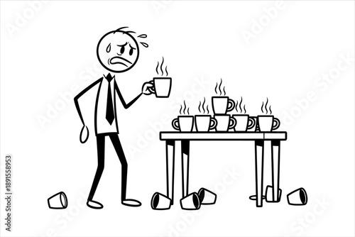 Stressed Office Worker Drowning in Coffee Cups and Overwhelmed by Tasks