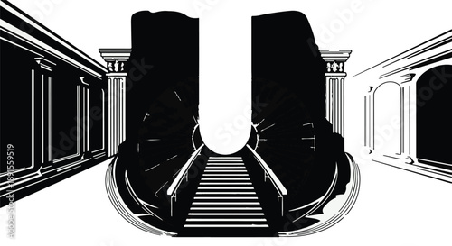 Black and white illustration of staircase with columns and arches in a classic building interior Ai Generated