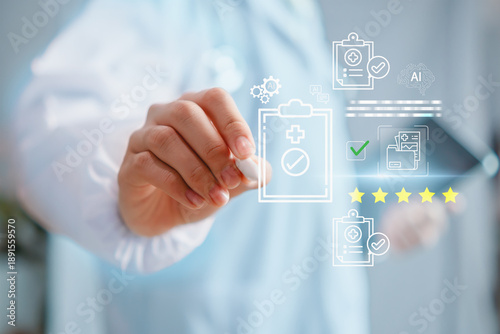 Photos Doctor using AI medical quality control interface to verify healthcare data, patient records, and clinical compliance