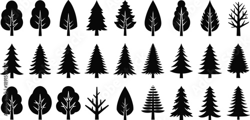 Stylized tree silhouette vector set with pine fir spruce and deciduous icons isolated on white background illustration for stock design