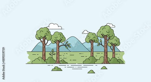 Scenic Landscape Illustration: An illustrated scenic landscape that includes verdant trees, tranquil mountains, and whispy clouds in a minimalist and pleasing aesthetic.