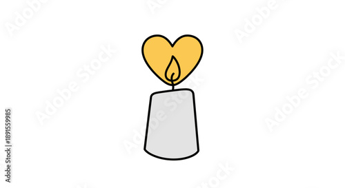 Simple line drawing of a white candle with a heart-shaped yellow flame on top against a clean white background.