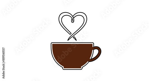 Brown coffee cup with heart-shaped steam rising on a white background in a minimalist line drawing style.