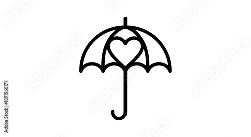 Minimalist line art illustration of an umbrella with a heart shape in the center, set against a clean white background.
