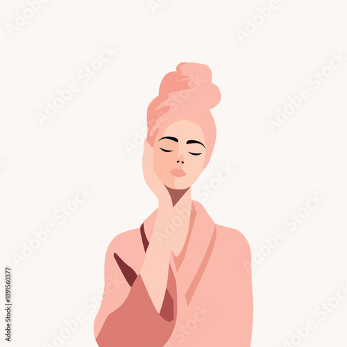 Yong adult woman in a bathrobe and towel over her head. Spa salon, beauty procedure, self care concept. Flat dsign vector illustration.