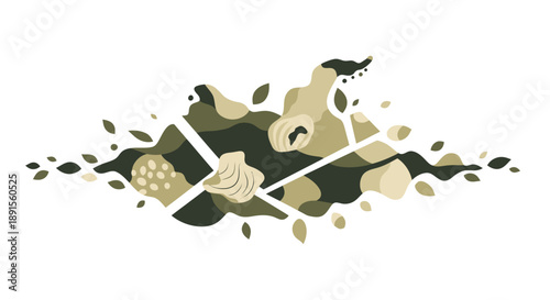 Abstract Eco Illustration: An abstract illustration portraying natural elements blended in harmonious shades of green and beige, evoking a sense of organic tranquility and ecological balance.