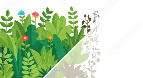 The flourishing garden: The illustration beautifully captures the lively essence of a flourishing garden, featuring an array of vibrant plants and flowers