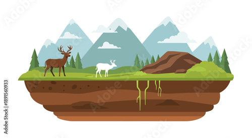 Animated Deer and Mountain Scenery: A picturesque animated landscape showcases a tranquil scene of two deer in a vibrant green meadow against a backdrop of towering mountains and lush nature.