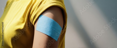 The bandaged arm after vaccination with blue adhesive bandage in yellow shirt