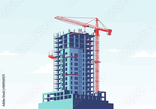 Dynamic construction site showcasing a modern building in progress, with a towering crane overseeing the urban development project against a clear sky