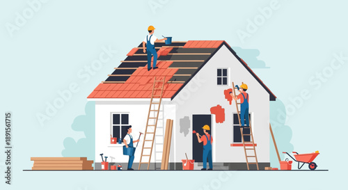 House renovation and construction a team of builders working on a new roof and exterior painting project