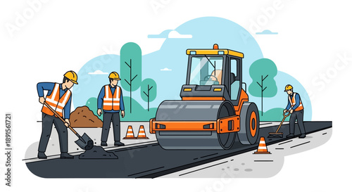 Dedicated team of construction workers laying asphalt with heavy machinery, symbolizing the concept of essential infrastructure development and progress in urban areas