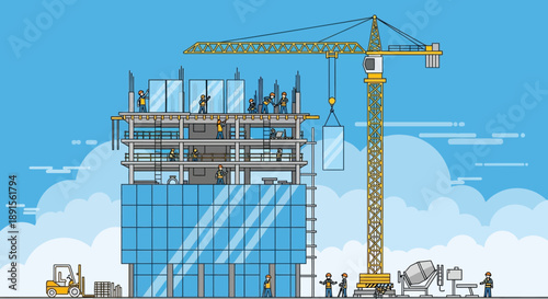 Dynamic urban development and architectural progress depicted in a bustling construction project, showcasing the intricate process of erecting a modern skyscraper