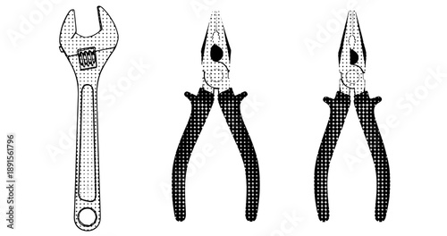 Halftone wrench and pliers illustration in black and white