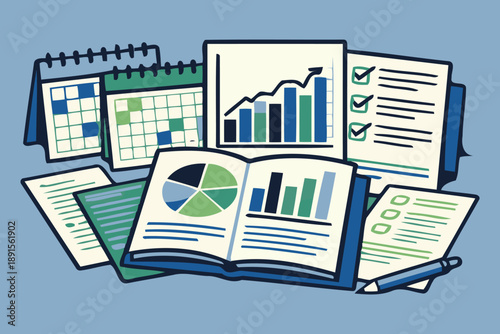 financial reports and analysis with charts,calendars,and books